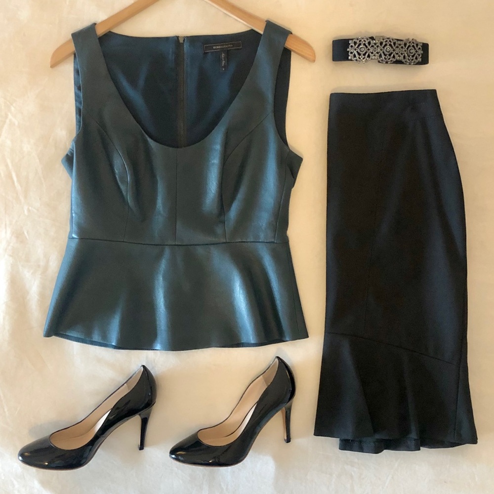 BCBGMAXAZRIA “CLAUDIANA” FAUX LEATHER PEPLUM TOP